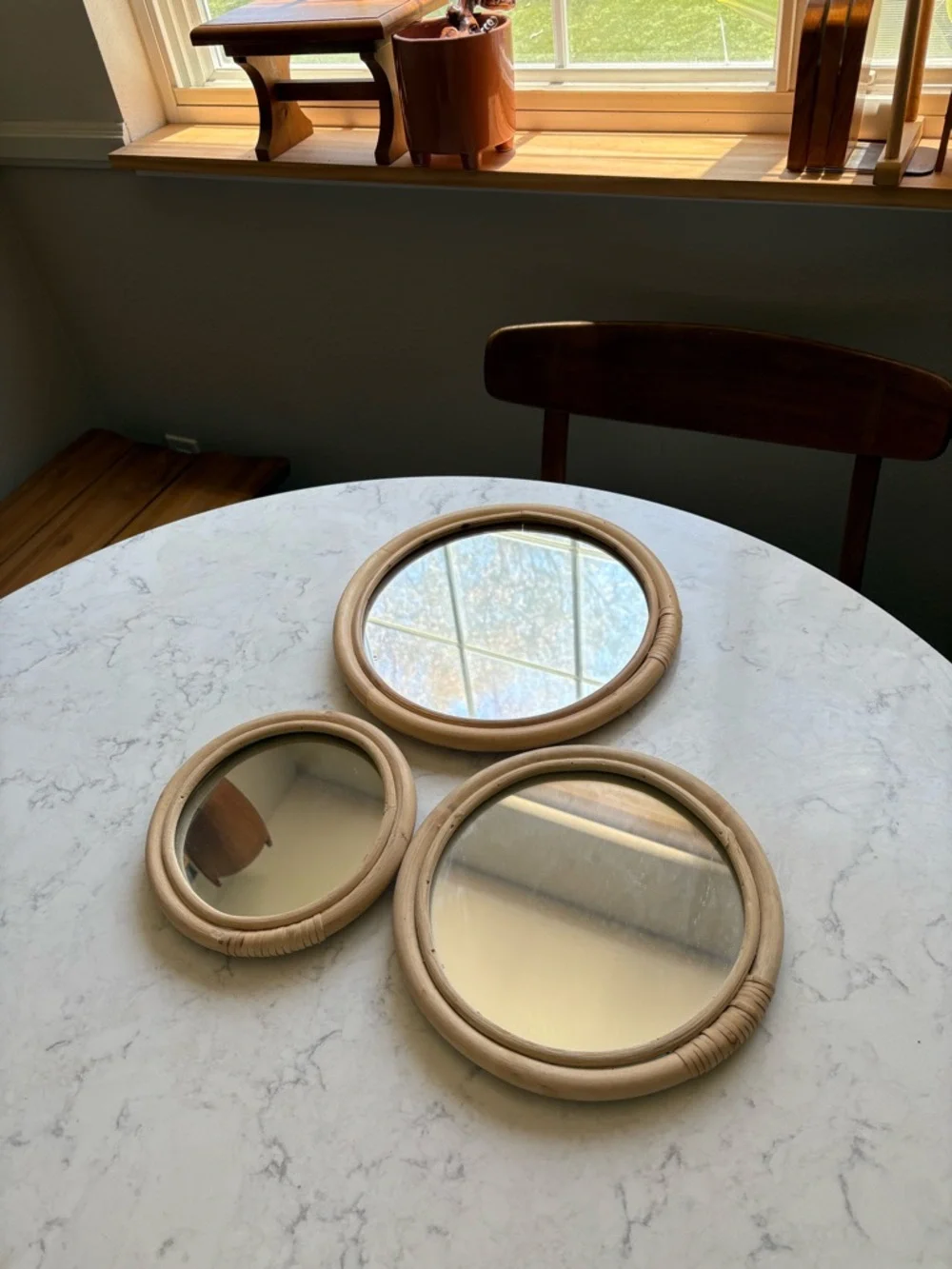 Vintage Boho chic Bamboo Frame Round Wall Mirrors - Set of 3